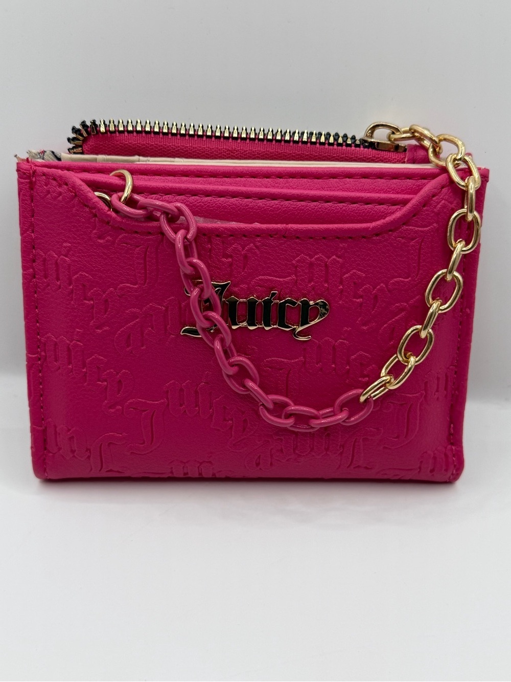 Juicy Couture Hot Pink Embossed Chain Wallet Card Case Coin Purse NWOT
